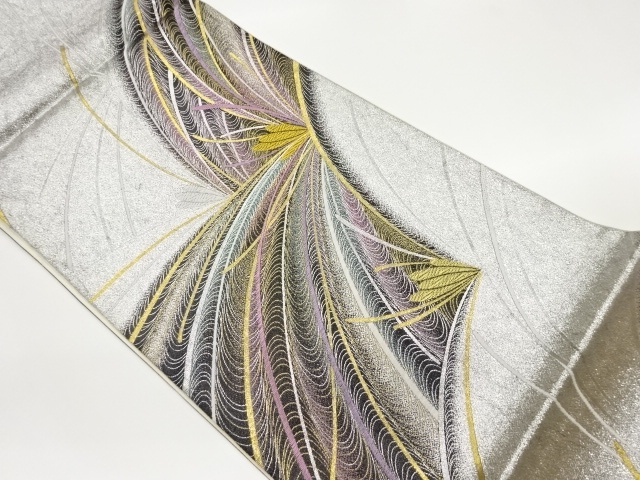 曲線に抽象模様織出し袋帯